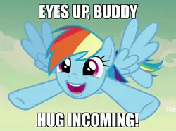 Size: 1420x1059 | Tagged: safe, derpibooru import, edit, edited screencap, screencap, rainbow dash, pegasus, pony, daring done?, bronybait, caption, cloud, female, flying, happy, image macro, incoming hug, mare, meme, open mouth, sky, smiling, solo, spread wings, text, wings