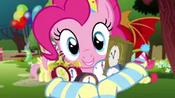 Size: 1280x720 | Tagged: apple bloom, balloon, clock, clothes, derpibooru import, fluttershy, gummy, happy birthday to you!, hat, looking at you, manny roar, manticore, netflix, party hat, pinkie pie, ponies in socks, safe, screencap, socks, striped socks, youtube link