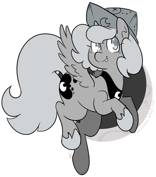 Size: 671x764 | Tagged: safe, artist:egophiliac, derpibooru import, princess luna, alicorn, pony, moonstuck, cartographer's cap, cute, female, filly, grayscale, hat, monochrome, moon, simple background, solo, tongue out, white background, woona, younger
