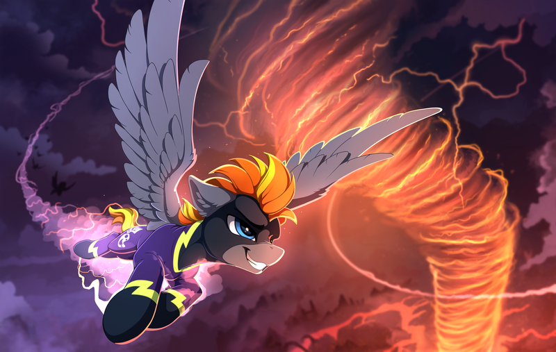 Size: 2400x1520 | Tagged: safe, artist:yakovlev-vad, derpibooru import, oc, oc:blaze (shadowbolt), unofficial characters only, pegasus, pony, clothes, commission, costume, fire, flying, lightning, patreon, patreon reward, shadowbolts, shadowbolts costume, solo focus, spread wings, tornado, wings
