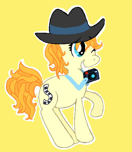Size: 462x529 | Tagged: safe, artist:tiger-puppy, derpibooru import, press pass, press release (character), pony, camera, cutie mark, female, hat, image, mare, one eye closed, png, simple background, smiling, solo, wink