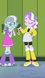 Size: 488x836 | Tagged: safe, derpibooru import, screencap, diamond tiara, silver spoon, equestria girls, equestria girls (movie), boots, braid, clothes, compression shorts, cropped, ear piercing, earring, eyes closed, female, glasses, high heel boots, jewelry, piercing, shoes, skirt