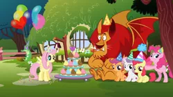 Size: 1920x1080 | Tagged: safe, derpibooru import, screencap, apple bloom, fluttershy, gummy, manny roar, pinkie pie, scootaloo, sweetie belle, manticore, pony, happy birthday to you!, animation error, balloon, cupcake, cute, cutie mark crusaders, food, great moments in animation, hat, missing cutie mark, netflix, party hat