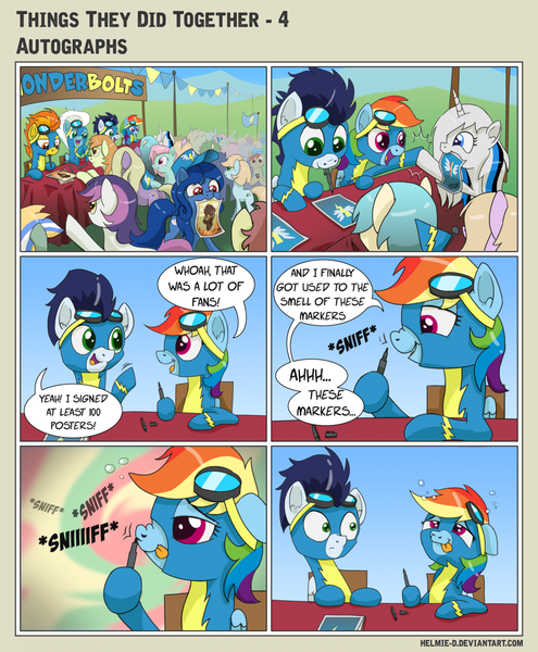 Size: 1024x1241 | Tagged: safe, artist:helmie-art, derpibooru import, fleetfoot, rainbow dash, soarin', spitfire, oc, pegasus, pony, unicorn, comic:things they did together, background pony, clothes, comic, female, goggles, high, male, mare, marker, multicolored hair, shipping, sniffing, soarindash, stallion, straight, uniform, wonderbolts uniform, wrong eye color