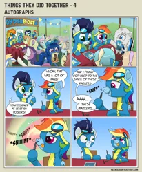 Size: 1024x1241 | Tagged: safe, artist:helmie-art, derpibooru import, fleetfoot, rainbow dash, soarin', spitfire, oc, pegasus, pony, unicorn, comic:things they did together, background pony, clothes, comic, female, goggles, high, male, mare, marker, multicolored hair, shipping, sniffing, soarindash, stallion, straight, uniform, wonderbolts uniform, wrong eye color