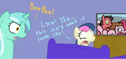 Size: 900x420 | Tagged: suggestive, derpibooru import, bon bon, lyra heartstrings, pinkie pie, sweetie drops, oc, oc:big brian, earth pony, pony, unicorn, bon-bon's secret, caught, couch, dialogue, exploitable meme, meme, not gay, not straight, shrunken pupils, television, wrapped in pink