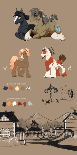 Size: 4397x8864 | Tagged: safe, artist:vindhov, derpibooru import, oc, oc:cornflower, oc:morning dew, unofficial characters only, clydesdale, horse, pony, absurd resolution, blaze (coat marking), brown background, female, headcanon, male, mare, maypole, piebald coloring, prone, simple background, socks (coat marking), stallion, village