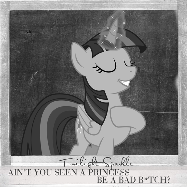 Size: 800x800 | Tagged: safe, artist:illumnious, artist:penguinsn1fan, derpibooru import, twilight sparkle, twilight sparkle (alicorn), alicorn, pony, ariana grande, magic, monochrome, solo, vulgar