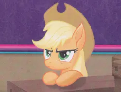 Size: 836x639 | Tagged: safe, derpibooru import, applejack, earth pony, pony, my little pony: the movie, angry, applejack's hat, cowboy hat, cute, female, frown, glare, grumpy, grumpyjack, hat, jackabetes, leaning, looking at you, looking up, mare, sad, solo, unhapplejack