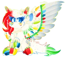 Size: 1024x917 | Tagged: safe, artist:vanillaswirl6, derpibooru import, oc, oc:angel rose, unofficial characters only, pegasus, pony, :<, bow, chest fluff, chibi, colored eyelashes, colored pupils, commission, cute, ear fluff, female, flower, flower in hair, fluffy, hair bow, hoof fluff, looking at you, mare, ponytail, rainbow power, rainbow power-ified, rainbow sprinkles, raised hoof, rose, scrunchy face, signature, simple background, sitting, solo, sparkles, spread wings, transparent background, wings