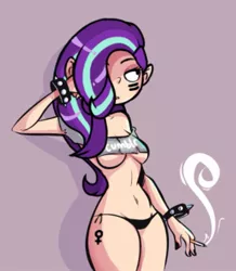 Size: 717x821 | Tagged: 4chan, artist needed, belly button, bracelet, breasts, cigarette, clothes, derpibooru import, drawthread, edit, equal sign, eye black (makeup), face paint, female, goth, human, humanized, /mlp/, nail polish, panties, smoking, solo, solo female, spiked wristband, starlight glimmer, suggestive, tattoo, tumblr, underboob, underwear, wristband