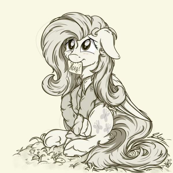 Size: 3024x3024 | Tagged: artist:check3256, clothes, cute, derpibooru import, floppy ears, fluttershy, hug request, hugs?, jacket, looking up, monochrome, mouth hold, note, safe, shyabetes, sign, sitting, smiling, solo