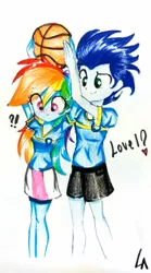 Size: 1874x3361 | Tagged: safe, artist:liaaqila, derpibooru import, rainbow dash, soarin', equestria girls, basketball, equestria girls-ified, female, male, shipping, soarindash, sports, straight, traditional art