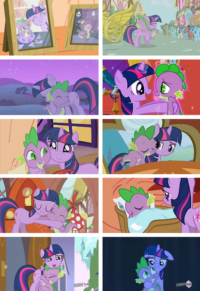 Size: 548x797 | Tagged: safe, derpibooru import, screencap, spike, twilight sparkle, dragon, pony, unicorn, dragon quest, just for sidekicks, owl's well that ends well, the crystal empire, baby, baby dragon, canterlot, collage, crystal empire, cute, female, golden oaks library, hub logo, hub network, hug, logo, male, mama twilight, mare, mare in the moon, moon, ponyville, spikabetes, spikelove, twiabetes, unicorn twilight, watermark