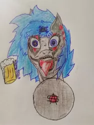 Size: 1920x2560 | Tagged: alcohol, artist:thalane.dragonness, avatar (band), beer, broken horn, derpibooru import, female, horn, makeup, metal, oc, oc:shadow melody, piercing, safe, solo, traditional art, unofficial characters only, vinyl