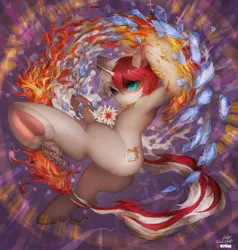 Size: 1600x1681 | Tagged: safe, artist:girlsay, derpibooru import, ponified, pony, unicorn, action pose, anime, armpits, crossover, fire, frog (hoof), ice, male, my hero academia, patreon, patreon logo, quirked pony, shoto todoroki, solo, stallion, underhoof, using quirk