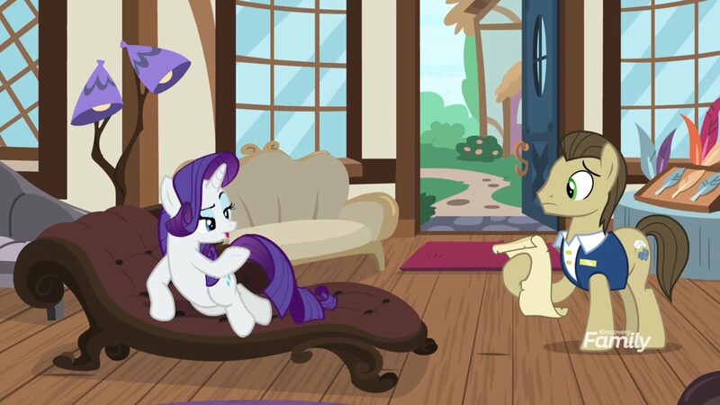 Size: 1920x1080 | Tagged: safe, derpibooru import, screencap, davenport, rarity, earth pony, pony, unicorn, it isn't the mane thing about you, and then there's rarity, fainting couch, female, lamp, male, mare, quill, quills and sofas, stallion