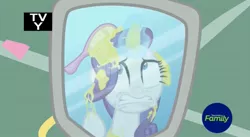 Size: 1647x903 | Tagged: safe, derpibooru import, screencap, rarity, pony, unicorn, it isn't the mane thing about you, discovery family logo, female, mare, mirror, solo, tv rating, tv-y