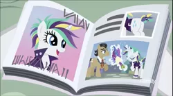 Size: 1324x740 | Tagged: safe, derpibooru import, screencap, filthy rich, rarity, earth pony, pony, unicorn, it isn't the mane thing about you, alternate hairstyle, discovery family logo, female, male, mare, punk, raripunk, stallion