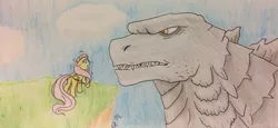 Size: 600x277 | Tagged: artist:fallenangel5414, crossover, derpibooru import, fluttershy, godzilla, godzilla 2014, godzilla (monsterverse), godzilla (series), hill, kaiju, legendarygoji, monsterverse, safe, scared, scenery, size difference