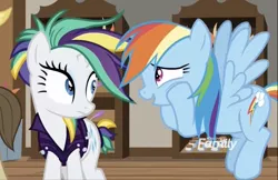 Size: 874x568 | Tagged: safe, derpibooru import, screencap, davenport, rainbow dash, rarity, pegasus, pony, unicorn, it isn't the mane thing about you, alternate hairstyle, cropped, discovery family logo, female, male, mare, punk, raripunk, stallion