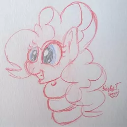 Size: 1796x1796 | Tagged: safe, artist:binkyt11, derpibooru import, pinkie pie, earth pony, pony, it isn't the mane thing about you, coiling, female, grin, impossibly long neck, mare, pencil drawing, smiling, solo, spiral, traditional art, twisted neck