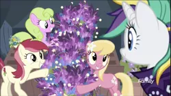 Size: 1324x740 | Tagged: safe, derpibooru import, screencap, daisy, flower wishes, lily, lily valley, rarity, roseluck, earth pony, pony, unicorn, it isn't the mane thing about you, alternate hairstyle, discovery family logo, female, flower trio, lavender, mare, punk, raripunk