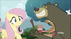 Size: 1324x740 | Tagged: safe, derpibooru import, screencap, fluttershy, harry, bear, mouse, pony, squirrel, it isn't the mane thing about you, discovery family logo, stick