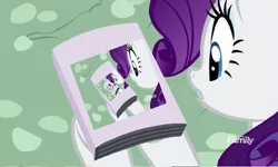 Size: 2500x1500 | Tagged: safe, derpibooru import, edit, edited screencap, screencap, rarity, pony, unicorn, it isn't the mane thing about you, discovery family logo, droste effect, female, inception, magazine cover rarity, mare, meme, recursion, solo