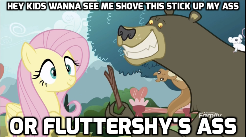 Size: 1024x572 | Tagged: suggestive, derpibooru import, edit, edited screencap, screencap, fluttershy, harry, bear, mouse, pegasus, pony, squirrel, it isn't the mane thing about you, animal, caption, discovery family logo, female, image macro, mare, meme, stick, text, vulgar