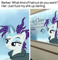 Size: 1224x1268 | Tagged: safe, derpibooru import, rarity, pony, unicorn, it isn't the mane thing about you, cloak, clothes, female, just fuck my shit up, mare, meme, raribald, sign, solo, vulgar