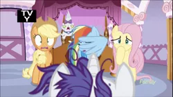 Size: 1324x740 | Tagged: safe, derpibooru import, screencap, applejack, fluttershy, opalescence, rainbow dash, rarity, earth pony, pegasus, pony, unicorn, it isn't the mane thing about you, discovery family logo, facewing, female, mare, raribald, shocked, tv rating, tv-y, varying degrees of do not want