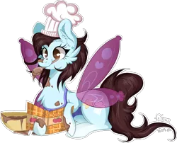 Size: 1404x1132 | Tagged: safe, artist:woonborg, derpibooru import, oc, oc:lucy, unofficial characters only, pony, apron, baking, batter, bowl, cheek fluff, chef's hat, chest fluff, clothes, cookbook, ear fluff, female, food, hat, mare, mouth hold, prone, simple background, smiling, solo, spoon, transparent background