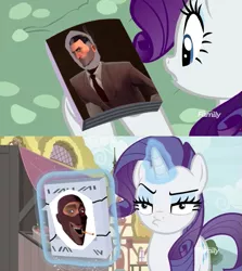 Size: 913x1024 | Tagged: safe, derpibooru import, screencap, rarity, pony, unicorn, it isn't the mane thing about you, book, discovery family logo, exploitable, exploitable meme, female, magazine, magazine cover rarity, mare, mask, meme, spy, team fortress 2