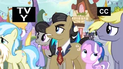 Size: 1366x768 | Tagged: $, cloud kicker, cultivar, derpibooru import, derpy hooves, diamond tiara, filthy rich, it isn't the mane thing about you, octavia melody, safe, screencap, stormfeather, tv rating, tv-y, vinyl scratch