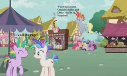 Size: 1000x600 | Tagged: safe, derpibooru import, edit, edited screencap, screencap, applejack, derpy hooves, fluttershy, pinkie pie, rainbow dash, rarity, twilight sparkle, twilight sparkle (alicorn), alicorn, earth pony, pegasus, pony, unicorn, it isn't the mane thing about you, female, implied crackle pop, implied dinky, implied doctor whooves, mare, mohawk, mohawks for everypony, ponyville, text