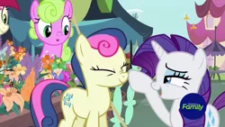 Size: 1279x719 | Tagged: safe, derpibooru import, screencap, bon bon, daisy, flower wishes, rarity, roseluck, sweetie drops, earth pony, pony, unicorn, it isn't the mane thing about you, boop, boop bon, discovery family logo, female, flower, mare