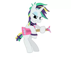 Size: 1000x800 | Tagged: safe, artist:mightyshockwave, derpibooru import, rarity, pony, unicorn, it isn't the mane thing about you, alternate hairstyle, bad guitar anatomy, bipedal, electric guitar, female, guitar, mare, musical instrument, punk, raripunk, simple background, solo, white background