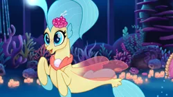 Size: 1777x1000 | Tagged: coral, derpibooru import, female, happy, my little pony: the movie, princess skystar, safe, screencap, seapony (g4), seaquestria, solo, underwater, water