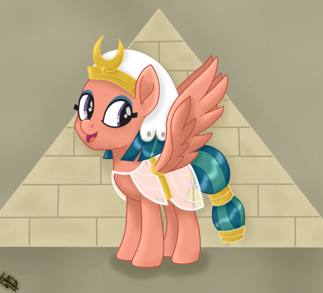 Size: 1600x1450 | Tagged: safe, artist:liniitadash23, derpibooru import, somnambula, pegasus, pony, daring done?, clothes, cute, female, mare, movie accurate, open mouth, pyramid, see-through, smiling, solo, somnambetes, spread wings, wings