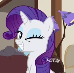 Size: 655x649 | Tagged: safe, derpibooru import, screencap, rarity, pony, unicorn, it isn't the mane thing about you, cropped, cute, discovery family logo, female, mare, one eye closed, raribetes, solo, wink