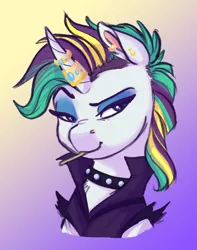 Size: 900x1142 | Tagged: safe, artist:earthsong9405, deleted from derpibooru, derpibooru import, rarity, pony, unicorn, it isn't the mane thing about you, alternate hairstyle, bust, clothes, ear piercing, female, gradient background, horn, horn ring, mare, not smoking, piercing, portrait, punk, raripunk, ring, short hair, smiling, solo