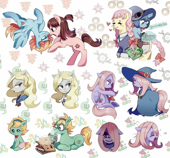 Size: 1200x1115 | Tagged: safe, artist:foresterrr, derpibooru import, ponified, earth pony, pegasus, pony, unicorn, akko kagari, amanda o'neill, boop, clothes, constanze amalie von braunschbank-albrechtsberger, crossover, cute, diana cavendish, female, filly, flying, heart, jasminka antonenko, little witch academia, lotte yanson, lying down, mare, scrunchy face, sucy manbavaran, upside down