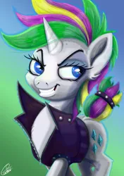 Size: 3541x5016 | Tagged: safe, artist:dinodraketakethecake, derpibooru import, rarity, pony, unicorn, it isn't the mane thing about you, absurd resolution, alternate hairstyle, clothes, female, gradient background, grin, mare, punk, raripunk, smiling, smirk, solo