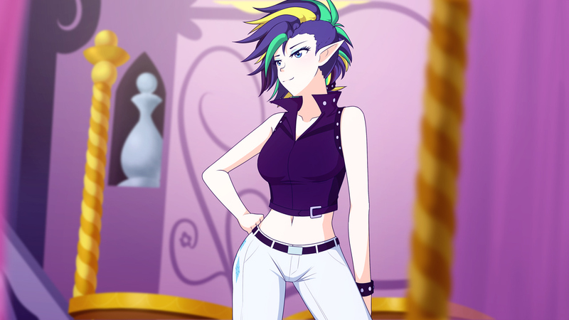 Size: 1280x720 | Tagged: alternate hairstyle, artist:jonfawkes, belly button, clothes, derpibooru import, elf ears, female, human, humanized, it isn't the mane thing about you, jeans, mohawk, pants, punk, raripunk, rarity, safe, scene interpretation, short hair, smiling, solo, unicorns as elves