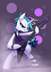 Size: 2480x3507 | Tagged: safe, artist:underpable, derpibooru import, rarity, pony, unicorn, it isn't the mane thing about you, alternate hairstyle, bad guitar anatomy, bipedal, clothes, crossing the memes, curved horn, ear piercing, electric guitar, female, flying v, guitar, guitarity, horn, looking at you, mare, meme, metal, musical instrument, piercing, punk, raripunk, smiling, solo