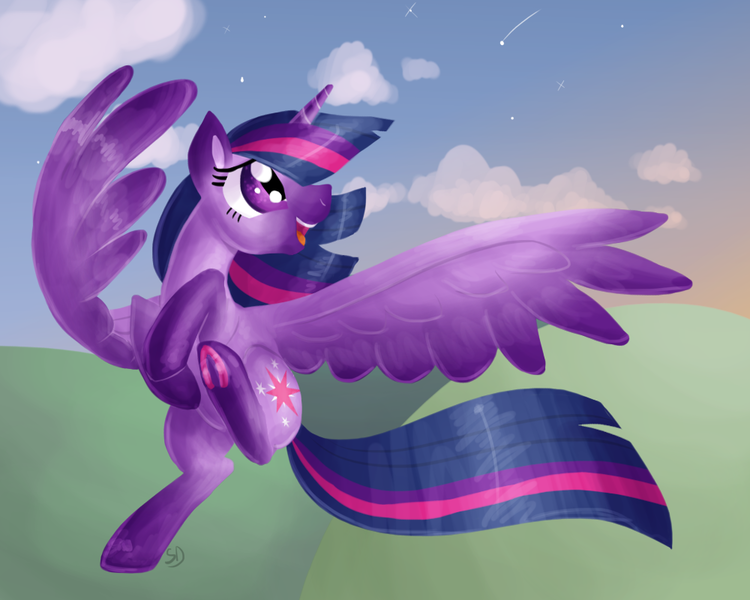 Size: 1000x800 | Tagged: safe, artist:sallindaemon, derpibooru import, twilight sparkle, twilight sparkle (alicorn), alicorn, pony, female, flying, mare, open mouth, sky, smiling, solo