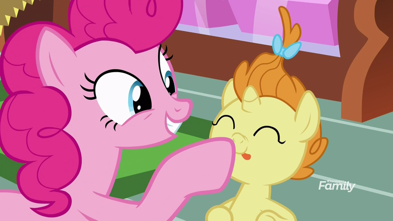 Size: 1920x1080 | Tagged: safe, derpibooru import, screencap, pinkie pie, pumpkin cake, it isn't the mane thing about you, :p, boop, cute, discovery family logo, eyes closed, grin, nose wrinkle, smiling, squee, tongue out