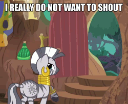 Size: 822x670 | Tagged: animated, caption, derpibooru import, door, edit, edited screencap, get out, gif, grin, image macro, it isn't the mane thing about you, meme, open mouth, pointing, raised hoof, raised leg, safe, screencap, smiling, talking, text, zebra, zecora