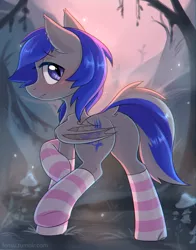Size: 1928x2460 | Tagged: suggestive, artist:fensu-san, derpibooru import, oc, oc:moonslurps, unofficial characters only, bat pony, blushing, butt, clothes, fangs, featureless crotch, looking at you, male, piercing, plot, presenting, socks, solo, striped socks